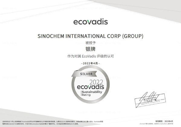 Sinochem International Achieves EcoVadis CSR Silver Medal Rating